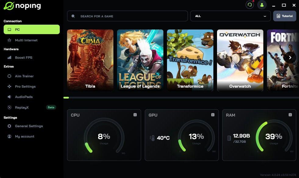 NoPing client home screen